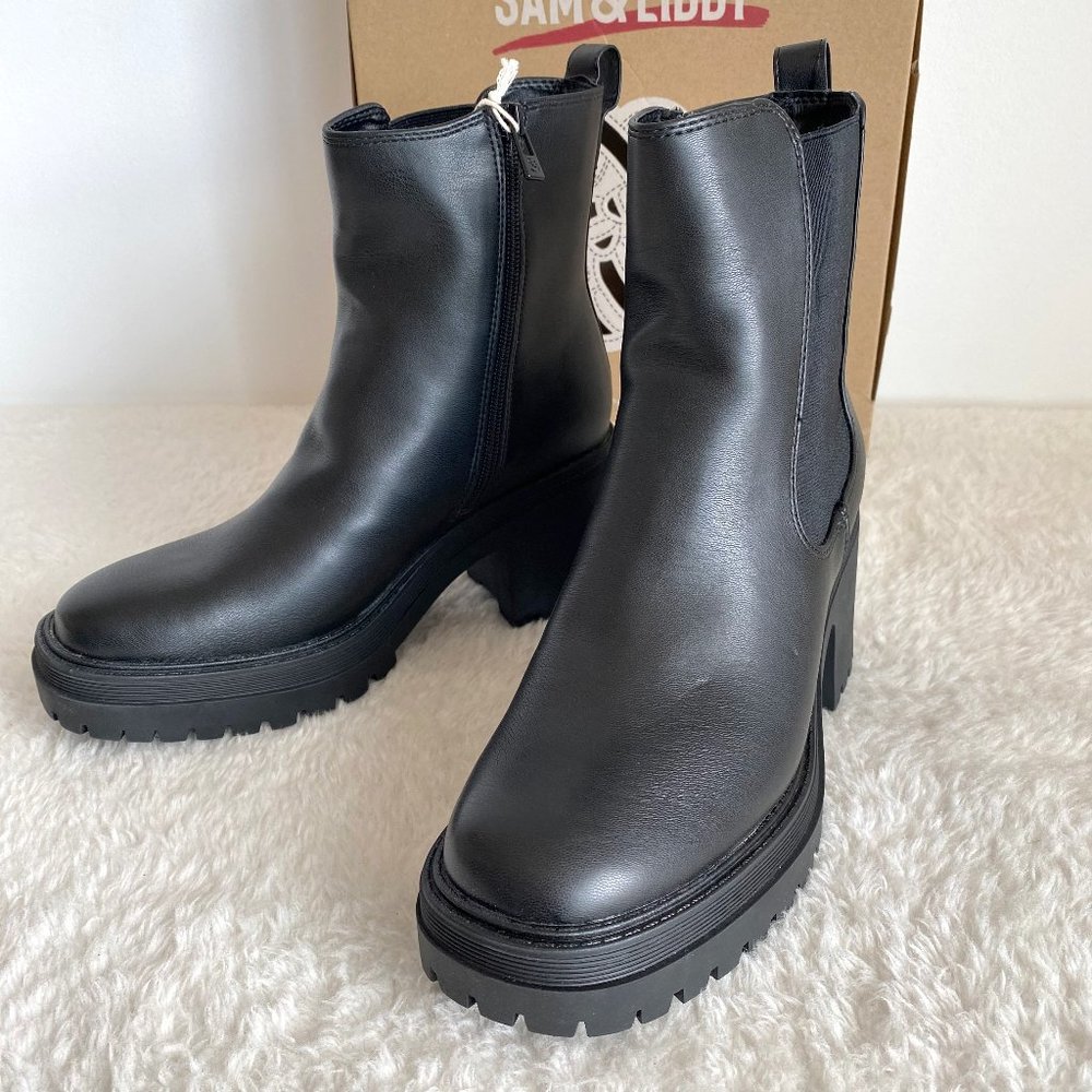 Sam&Libby Women's Camila Block Heel Boot Side Zip, Black Leather, Size 8